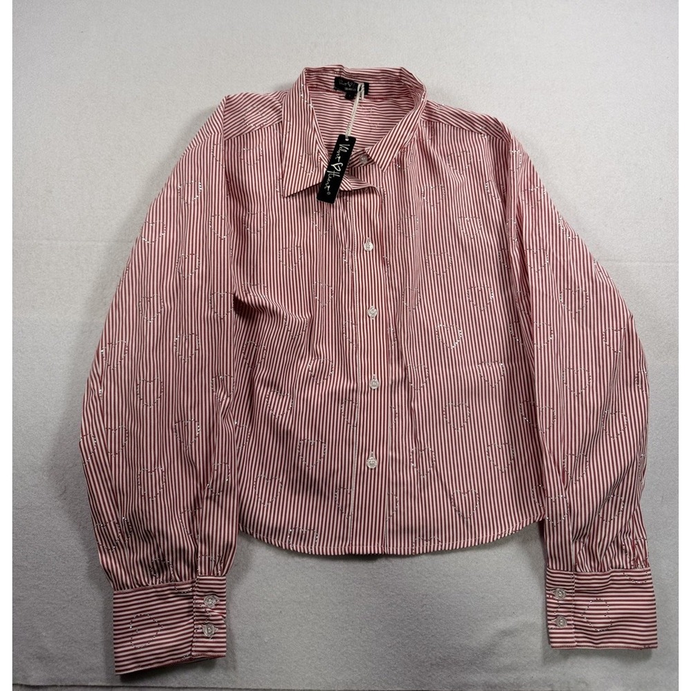 Velvet heart Women's Large Red White Striped Button Up Shirt Rhinestone Heart